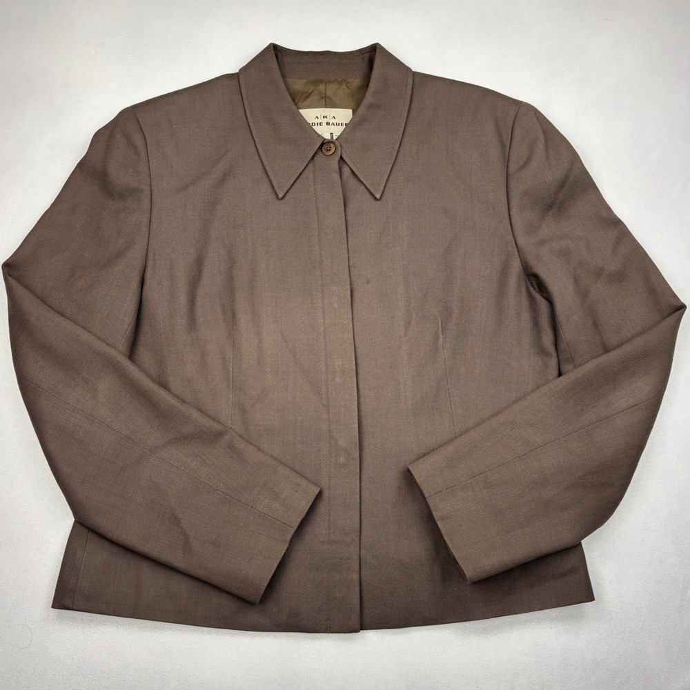 AKA Eddie Bauer Womens 10P Brown 100 Wool Jacket Blazer Hidden Button 7583 7591